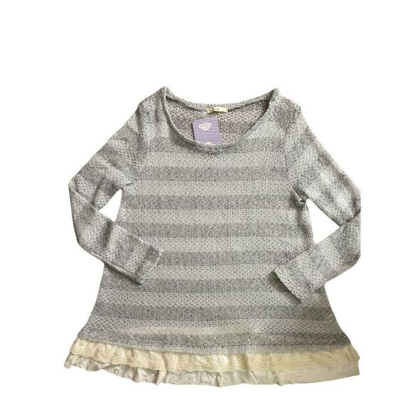 New Easel Womens Gray Striped Fuzzy Peplum Ruffle Swing Sweater Size L - Picture 1 of 9